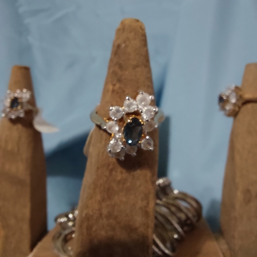 Blue & White CZ Stones Rings, 14k Gold Plated. Sizes 5, 6, 7, New